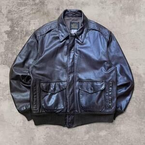 Avirex Black Grain Leather Jacket USA Detroit Leather Vintage 42 M Aviation Zip